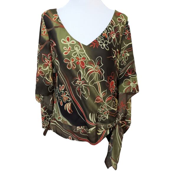 VINTAGE 90s Y2K Boho Blouse Top 14W Artsy Floral Green Brown‎ Orange V-Neck - Picture 9 of 11